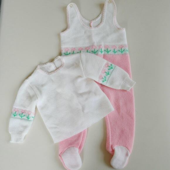 Vintage Knit Baby Girl Jumpsuit & Sweater Set white and pink floral by Renzo